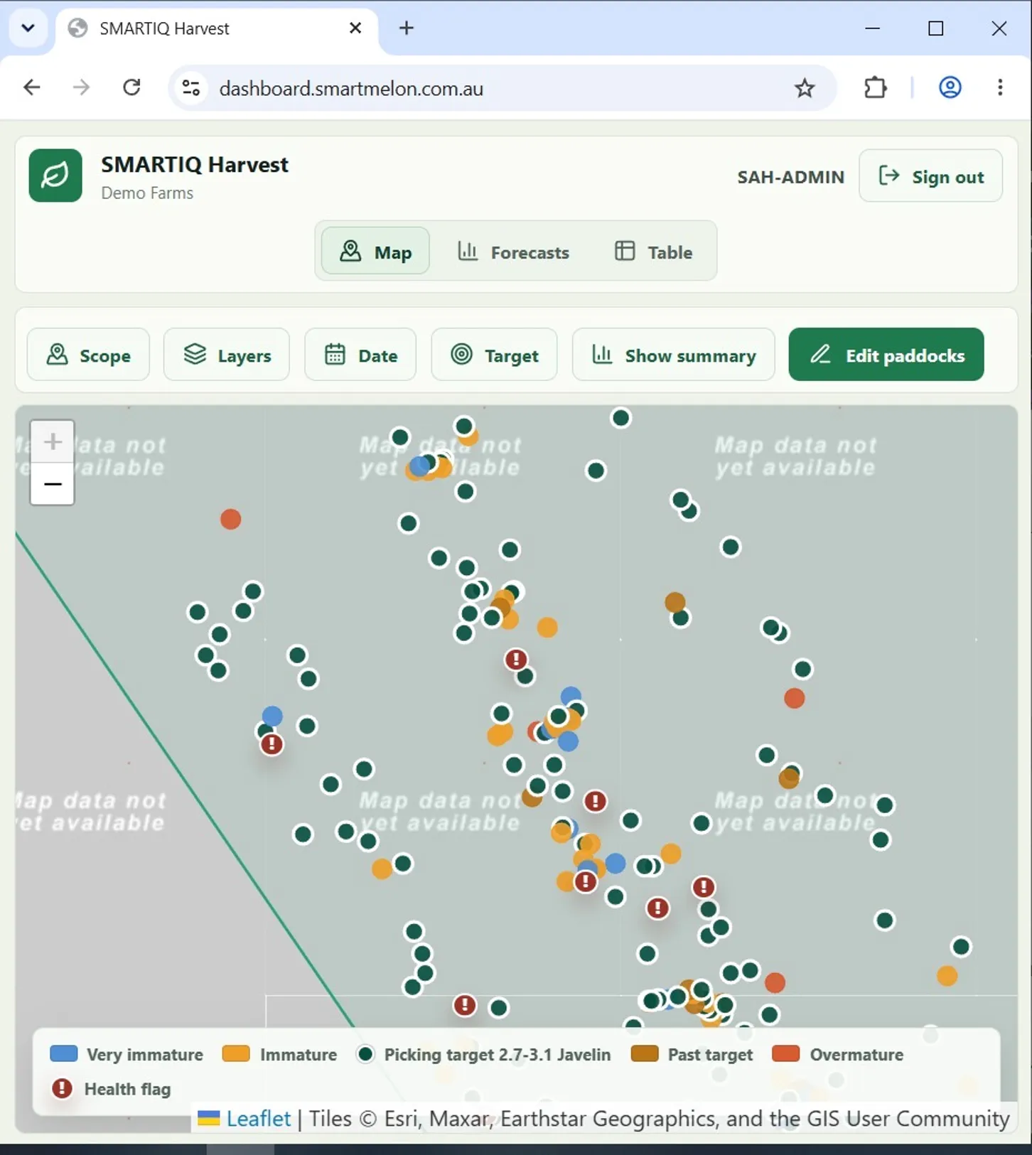 SMARTControlCentre Harvest dashboard showing a live maturity map of a melon block