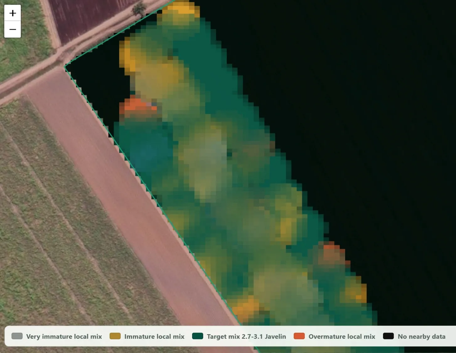 Block maturity heatmap over aerial paddock imagery
